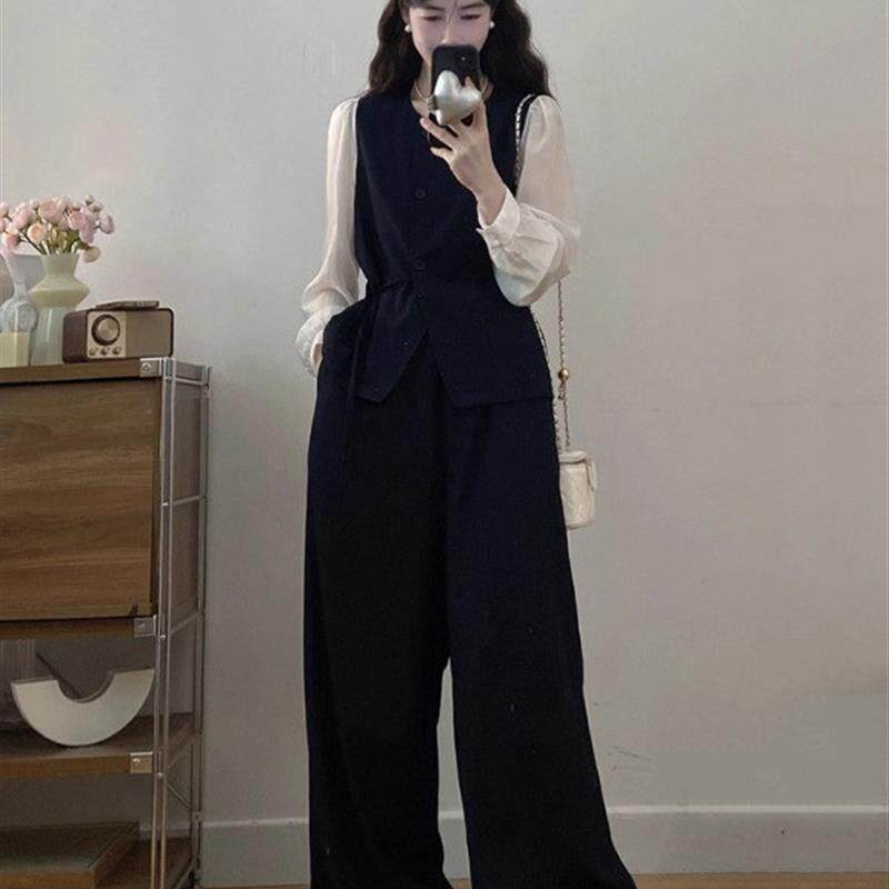 新品大码女装秋超火搭配一整套高级感藏蓝色收腰衬衫西装阔腿裤两