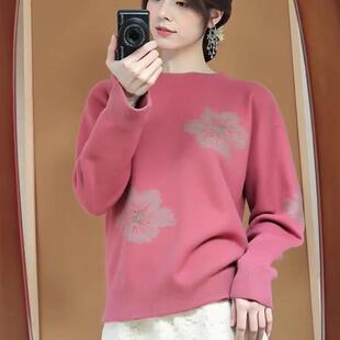 新品韩系chic绝美粉色印花圆领长袖毛衣针织衫女秋季款慵懒风外穿