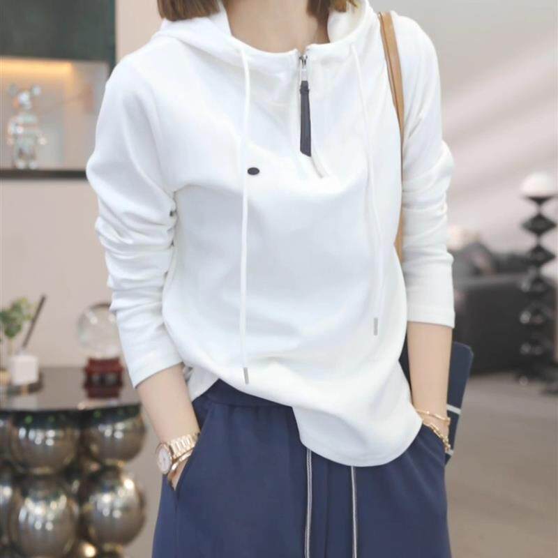 新品白色连帽半拉链长袖卫衣女秋冬打底衫2025年新款时尚显瘦百搭