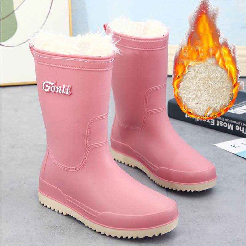 新品洋气一体绒雨鞋女时尚款外穿中筒加绒保暖防水鞋胶鞋厨房防滑