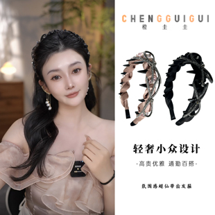 重工黑色蝴蝶结手工褶皱带齿细发箍女高级感时尚洋气头箍发饰