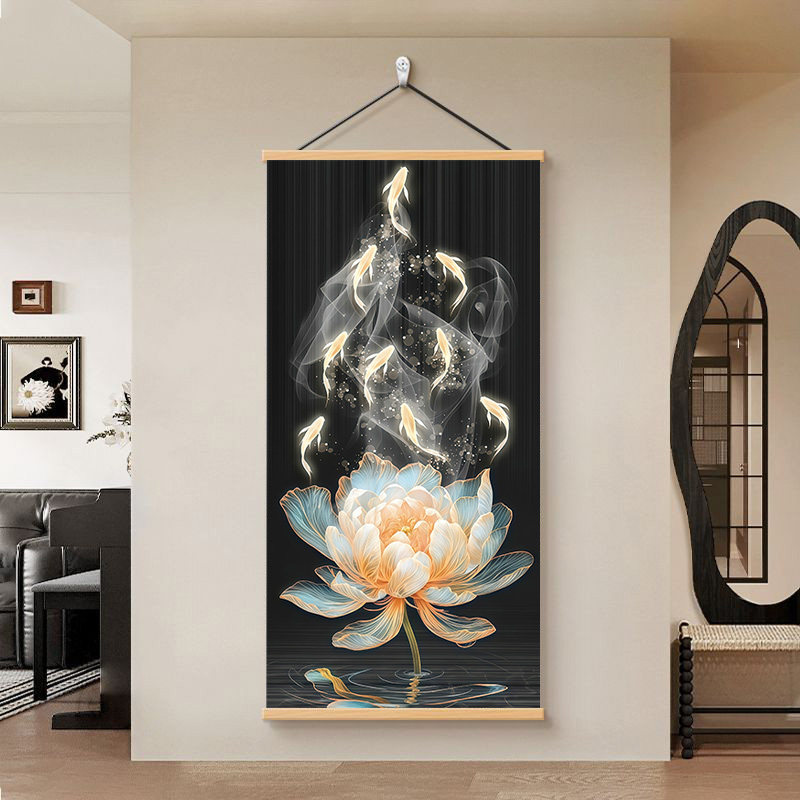 和气生财玄关装饰画轻奢九鱼图入户高档荷花走廊过道挂画招财