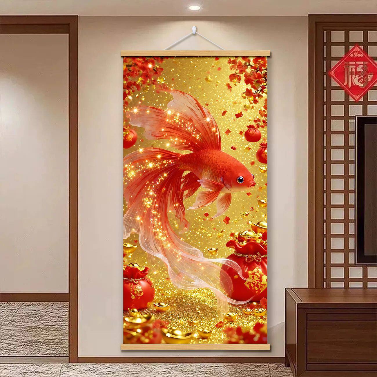红金鱼招财实木挂画金箔风福袋玄关挂轴画客厅喜庆吉祥挂墙装饰画
