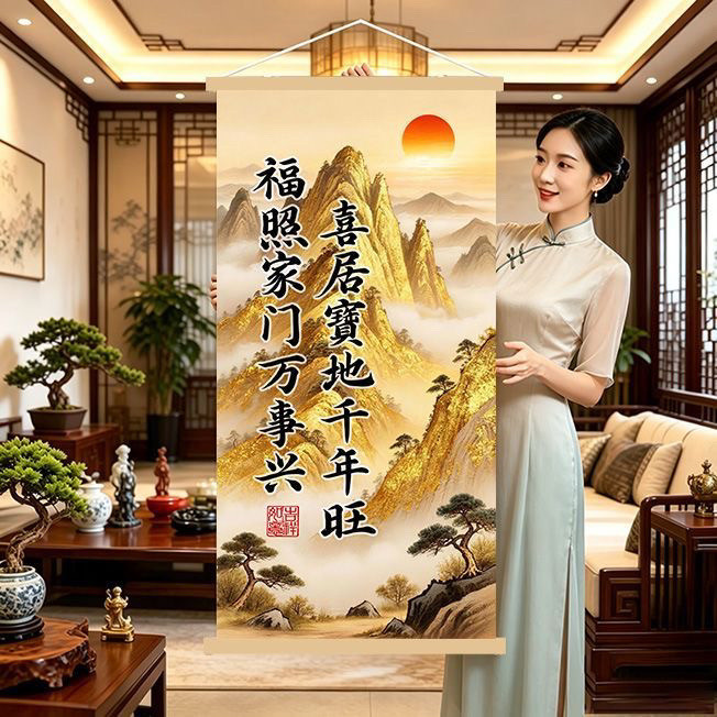 日照宝地金山卷轴挂画中式装饰书房背景墙招财纳福装饰画客厅玄关