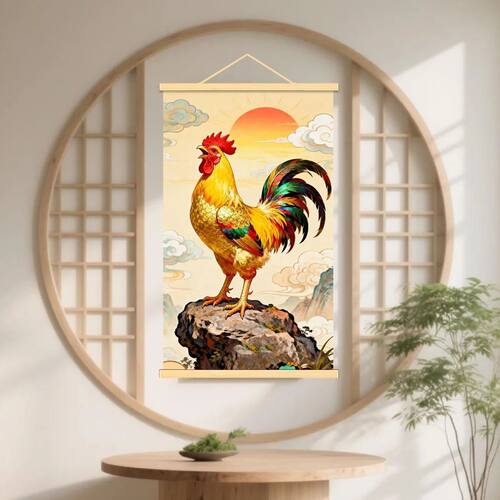 新款大公鸡镇宅挂画吉祥金鸡报喜装饰画鸿运当头桃树桃枝雄鸡奇石