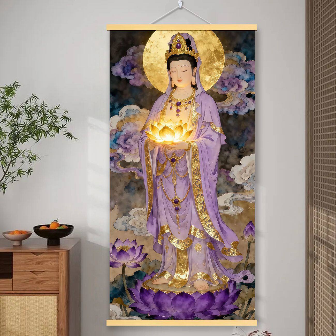 紫衣观音菩萨手持金莲卷轴挂画实木挂轴佛堂供奉防水免打孔装饰画