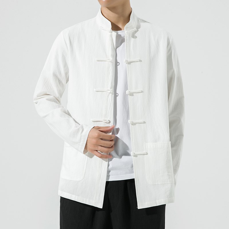 中国风春秋休闲长袖唐装衬衫中式复古宽松茶服男士纯色中山装上衣