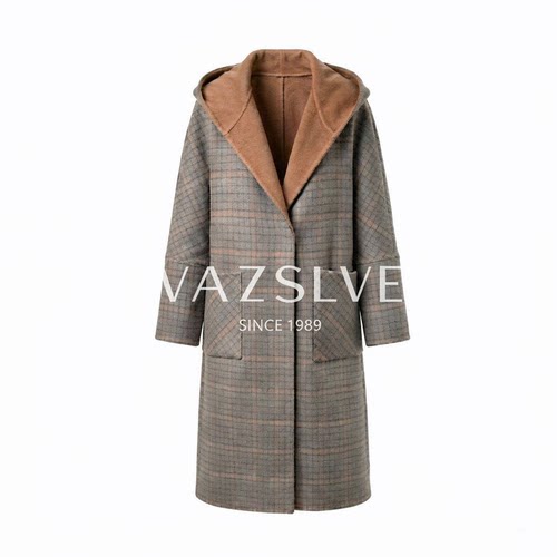 【VAZSLVE/全新奢品】时尚秋冬格纹长款连帽休闲百搭毛呢大衣625