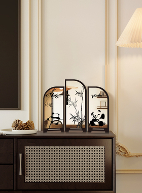 中古风熊猫桌面屏风摆件家居饰品客厅入户玄关高级感电视柜镜子画