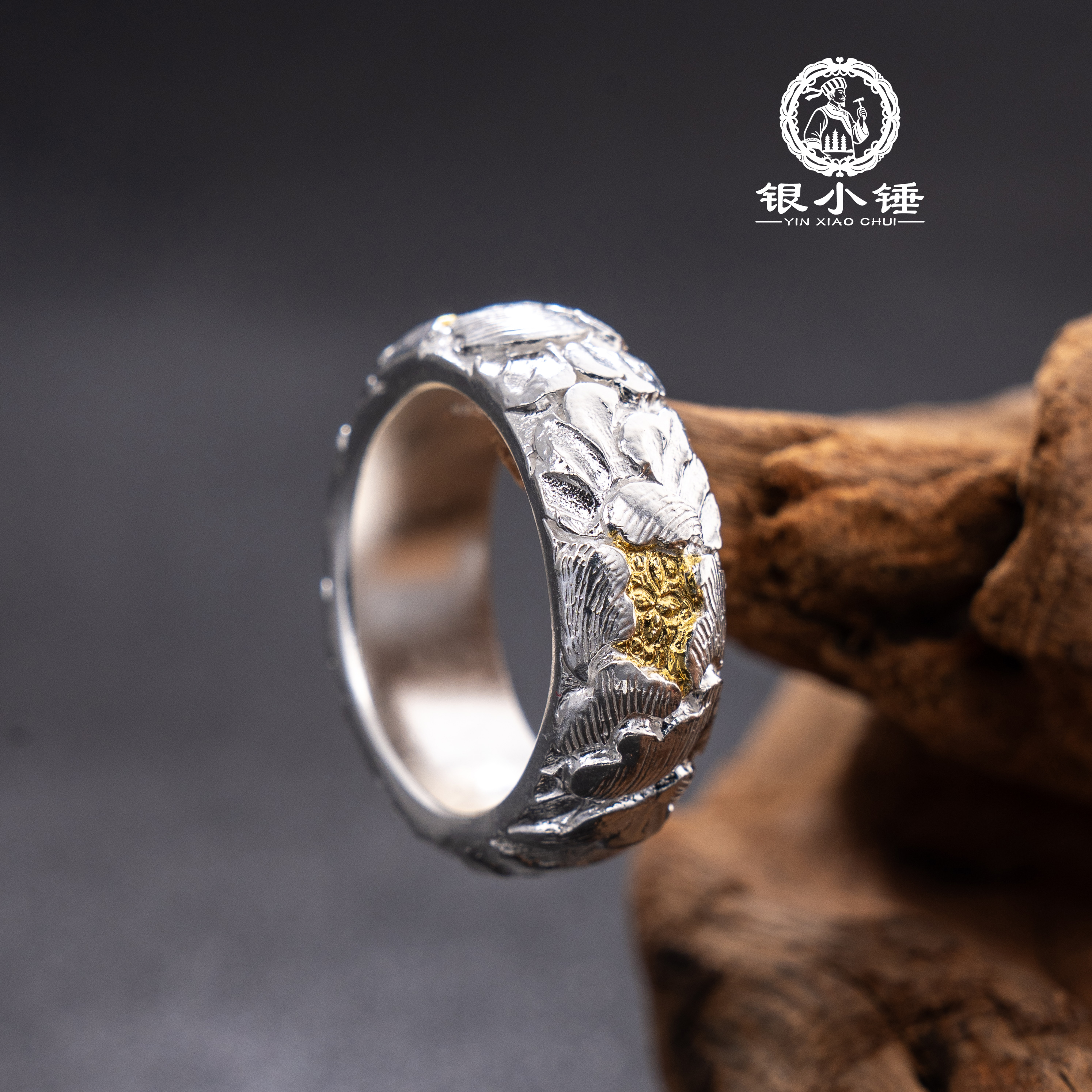 手工錾刻牡丹花素圈999足银戒指