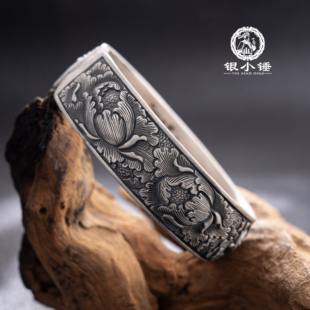 牡丹花 大理银小锤手工錾刻浮雕复古牡丹花999足银手镯女/可定制