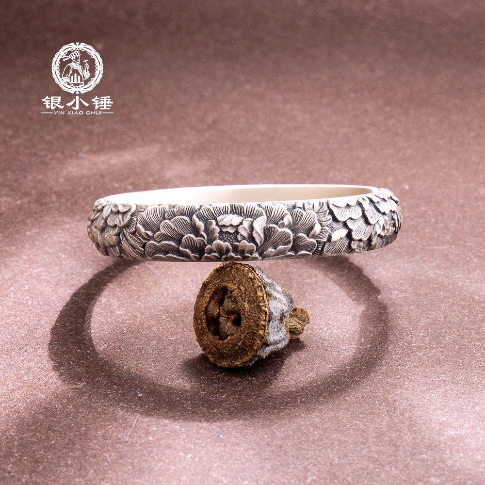 丹凤凝祥 大理银小锤古法手工錾刻立体牡丹花999足银手镯/可定制,饰品/流行首饰/时尚饰品新,银饰手镯,淘宝优惠券,粉丝福利购,淘宝优惠卷