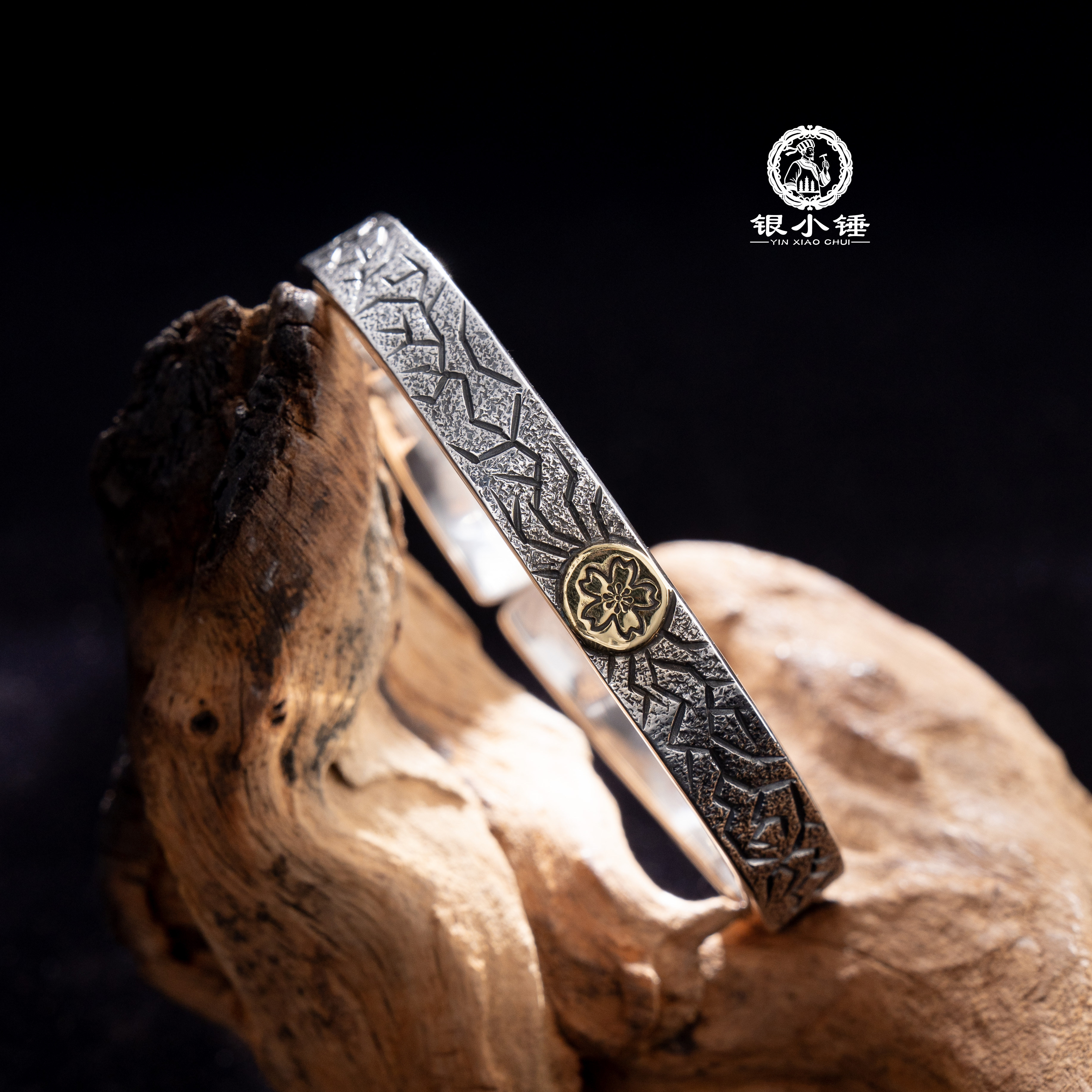 裂纹银手镯 大理银小锤古法手工錾刻裂纹999足银手镯/可定制/礼物