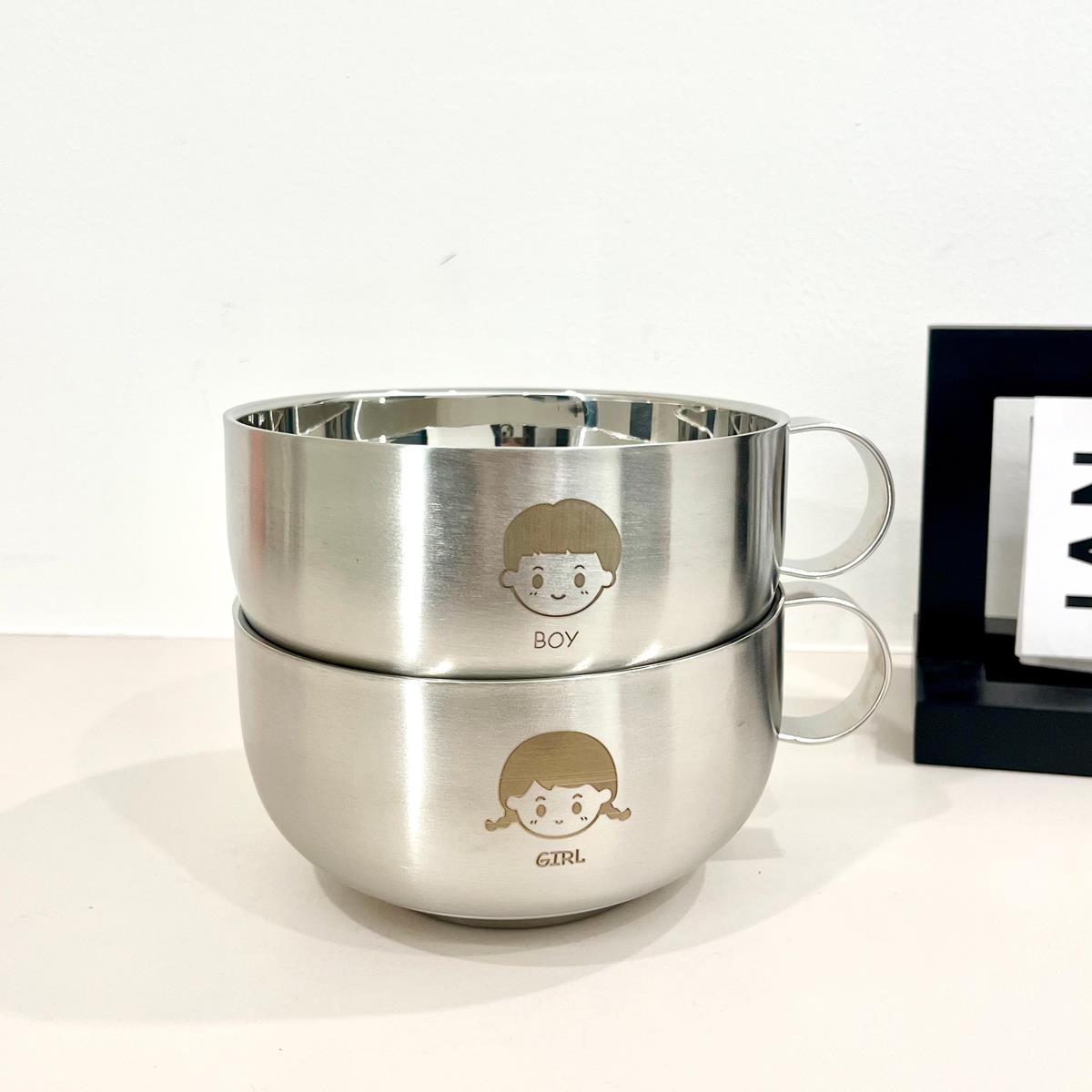 304不锈钢儿童碗双层加厚单柄碗圆耳带把手吃饭碗儿童碗防摔防烫