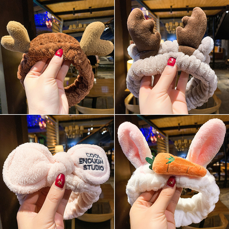 韩系毛绒束发带可爱卡通鹿角发带男女化妆敷面膜洗脸防水发箍腕带