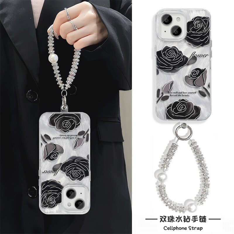 小众苹果12小米15pro适用iPhone13暗黑风玫瑰花14plus羽纱硬链条neo10创意16ProMax手机壳带挂绳findx8高级感