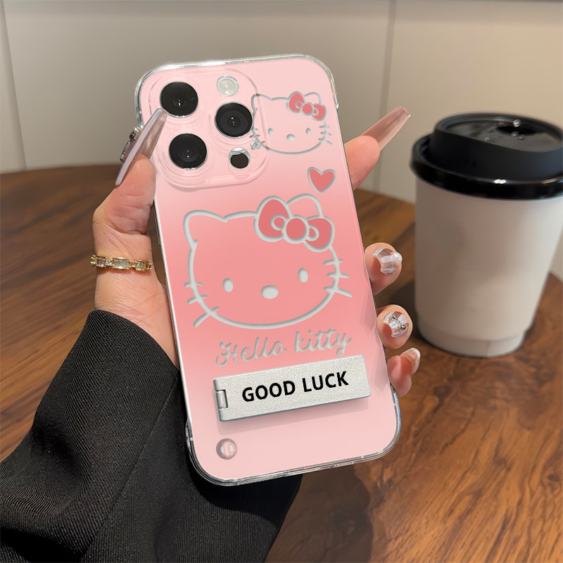 粉色Kitty猫适用iPhone13少女心VIVOS50硬16plus手机壳带支架苹果14无边框小米17ProMax超薄12透明可爱麦芒40