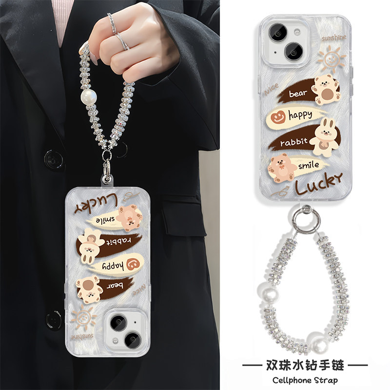 可爱15ProMax微笑小熊16plus适用硬手机壳带挂绳iPhone12华为Pura70卡通14苹果13羽纱a3高级感创意手腕a5活力
