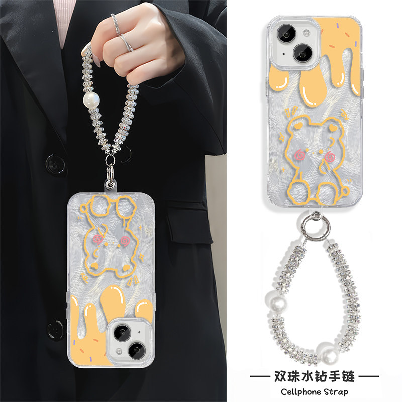 可爱羽纱13ProMax适用iPhone16涂鸦奶油小熊15plus高级感女Nova12活力版硬手机壳带挂绳苹果14华为Pura70pro+