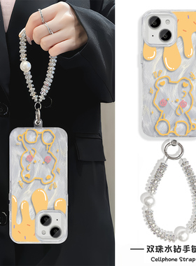 可爱羽纱13ProMax适用iPhone16涂鸦奶油小熊15plus高级感女Nova12活力版硬手机壳带挂绳苹果14华为Pura70pro+