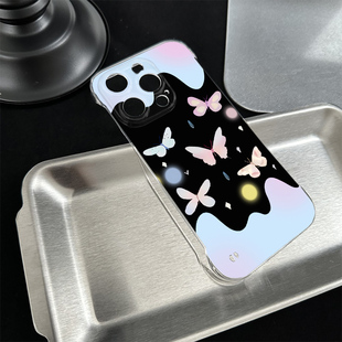 一加13创意奶油蝴蝶适用硬苹果15Pro透明超薄14plus无边框12少女心真我NEO7TURBO高级感iPhone16手机壳带支架
