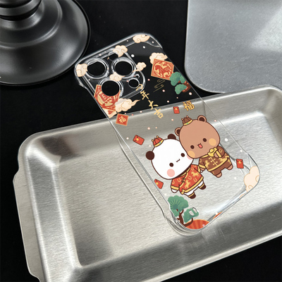 可爱iPhone14手机壳硬卡通无边框小米17适用苹果16plus超薄13透明OPPOReno15带支架12ProMax情侣一二布布新年