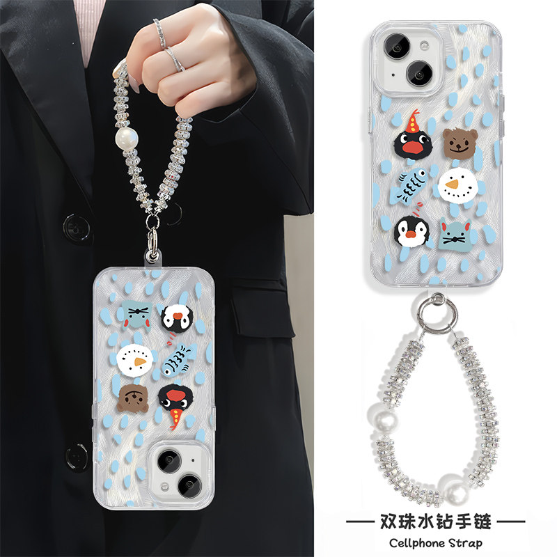 iPhone15羽纱可爱VIVOx200苹果14plus卡通手机壳带挂绳13适用16硬12小米17ProMax华为Mate60新款企鹅家族排队