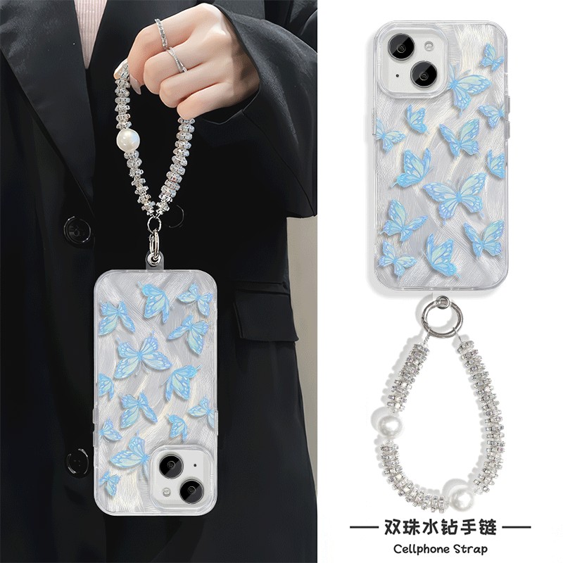 蝴蝶iPhone13手机壳带挂绳15Ultra羽纱NOVA12苹果14Plus适用MATE70硬16ProMax高级感Y300I女ins风1加ACE5韩系