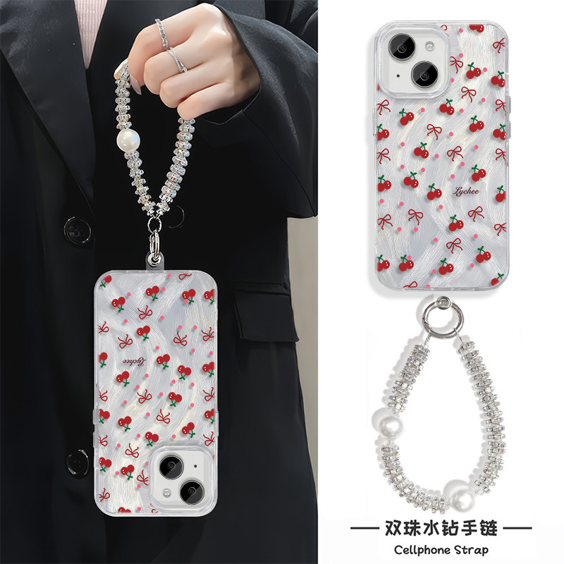 iPhone16羽纱15ProMax波点樱桃蝴蝶结手腕Findx8适用硬红米note14高级感13plus手机壳带挂绳苹果12少女心x200