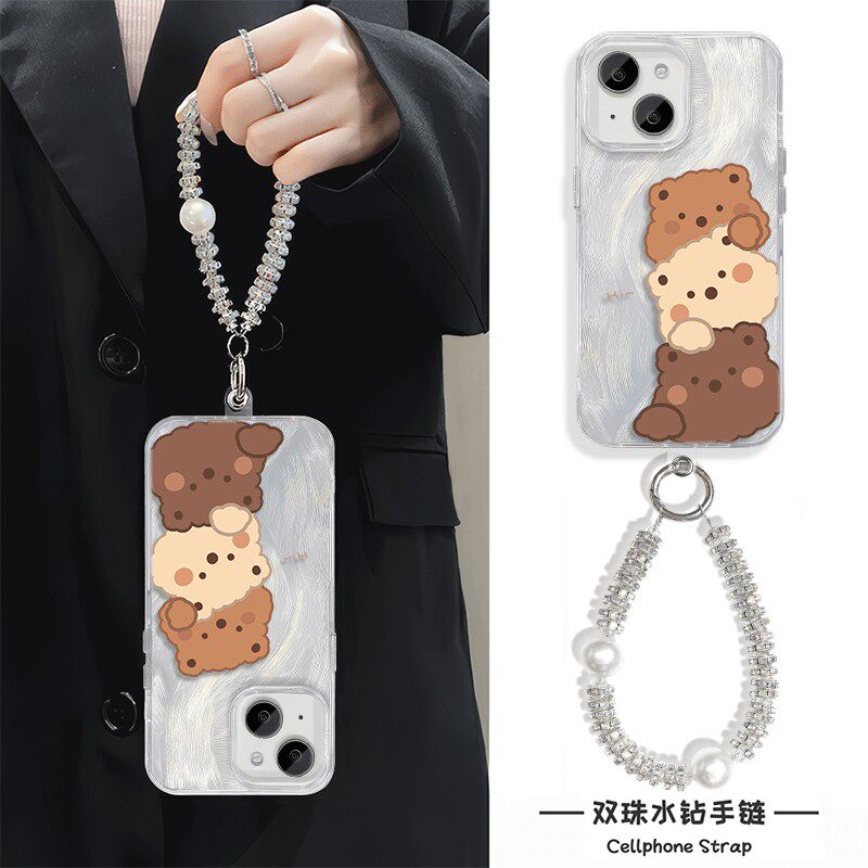 手链x200s卡通k80华为mate70可爱女款苹果14适用16plus三只小熊iPhone15羽纱13手机壳带挂绳12promax硬高级感