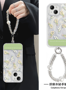 ins风花朵英文S20Pro手机壳带挂绳Y300I羽纱iPhone15适用16苹果14Plus硬13ProMax创意NOVA12日韩FINDX8高级感