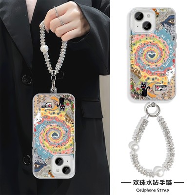 适用苹果16高级感硬iPhone15炫涡爱心猫12ProMax手机壳带挂绳华为Nova13卡通小米17羽纱14PLUS创意荣耀500PRO