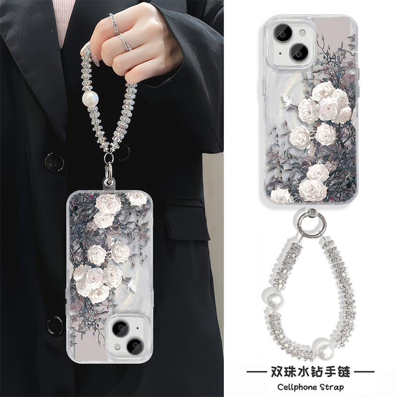 iPhone16适用硬15羽纱14plus苹果13手机壳带挂绳12ProMax高级感艺术花朵OPPOFINDX8红米K80一加ACE5荣耀GTPRO