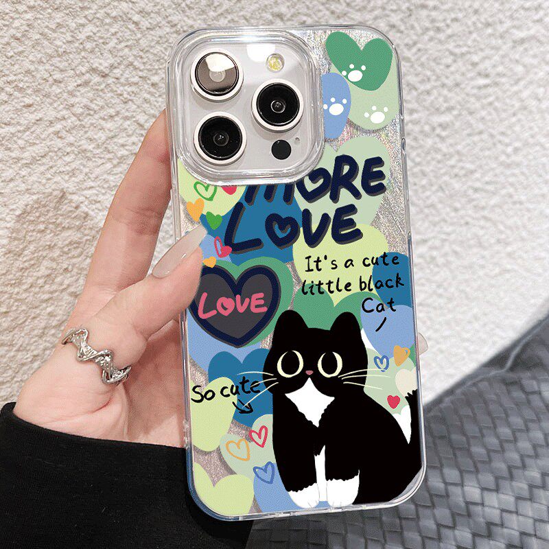 荣耀PLAY10T爱心黑猫iPhone16羽纱硬苹果17高颜值15plus手机壳OPPORENO15带挂绳可爱一加13t适用17ProMax卡通