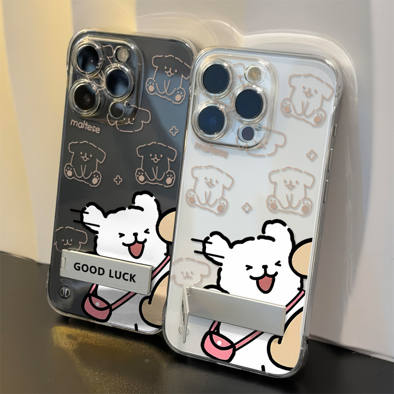 手机壳带支架Reno14硬13promax高级感苹果16e无边框透明小米15Ultra适用iPhone12超薄华为mate70情侣骑车白狗