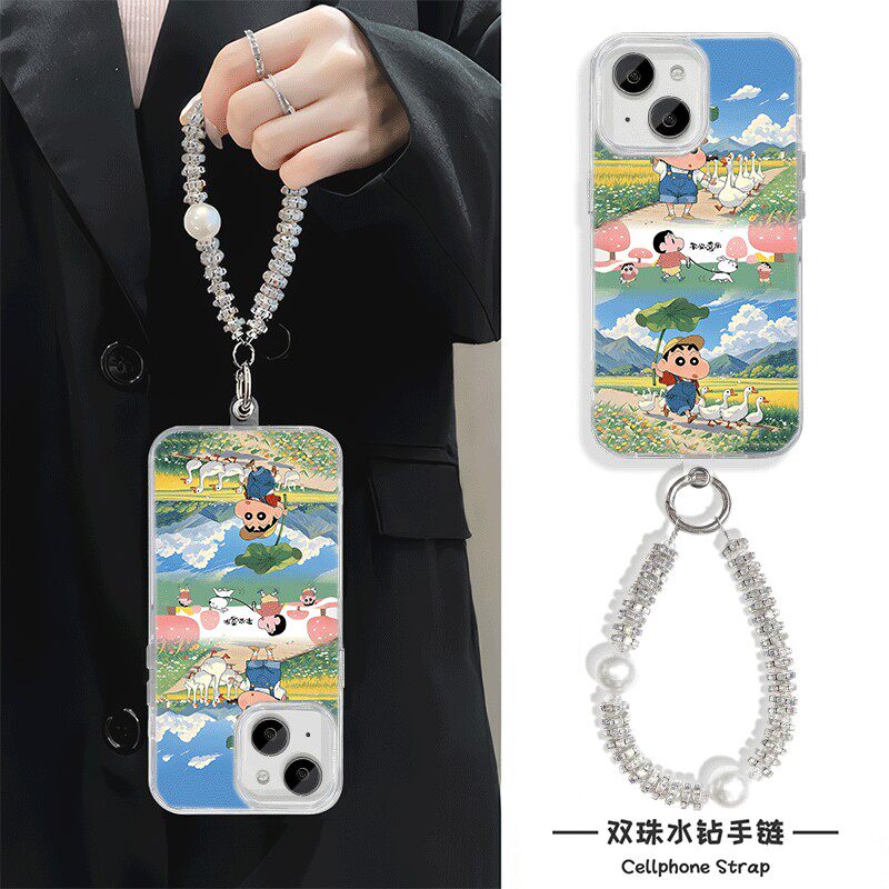 小清新适用12手机壳带挂绳17硬ins风iPhone14华为MATE80羽纱15ProMax平安喜乐小新16PLUS苹果13卡通IQOONEO11