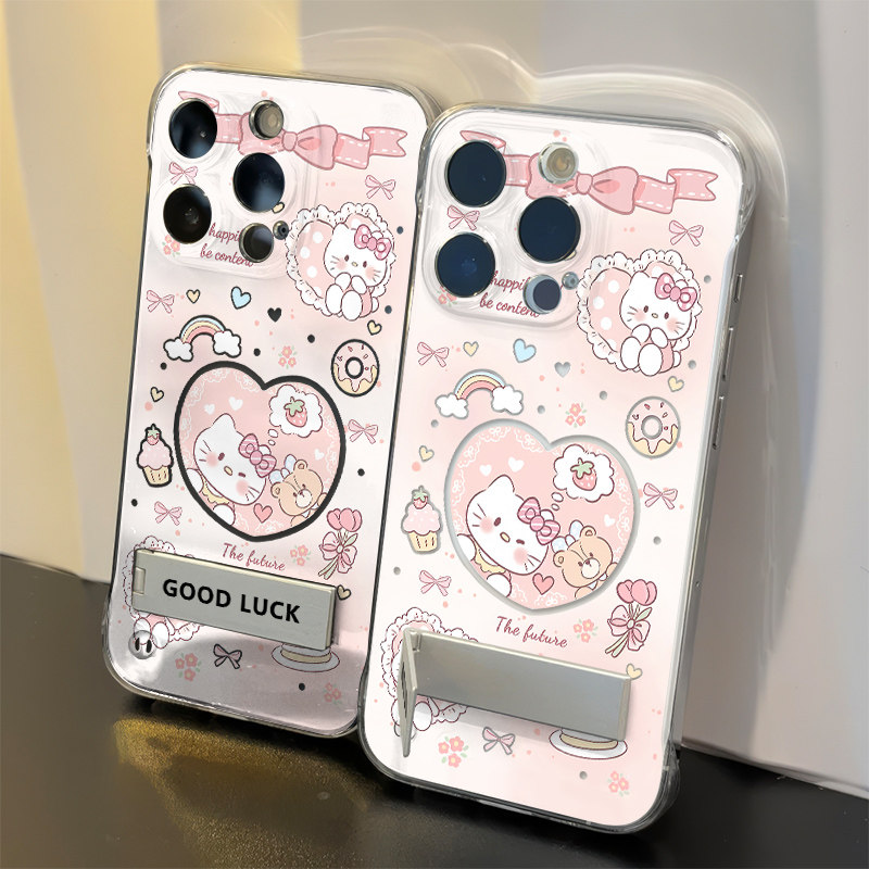 爱心kt小熊适用IQOO15超薄14PLUS无边框ins风小米17手机壳带支架苹果13透明硬iPhone16少女心12红米K90ProMax