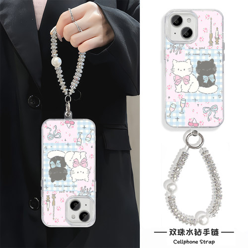 iPhone17可爱华为PURA90卡通拼接黑白猫咪羽纱适用苹果14高级感NOVA16手机壳13ProMax硬15pm带挂绳畅享90PLUS