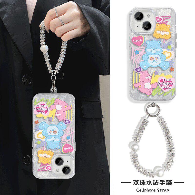 爱心熊Y300I手机壳带挂绳FINDX8羽纱iPhone16适用MATE70苹果14Plus硬13ProMax日韩ins风NOVA12卡通高级感女15