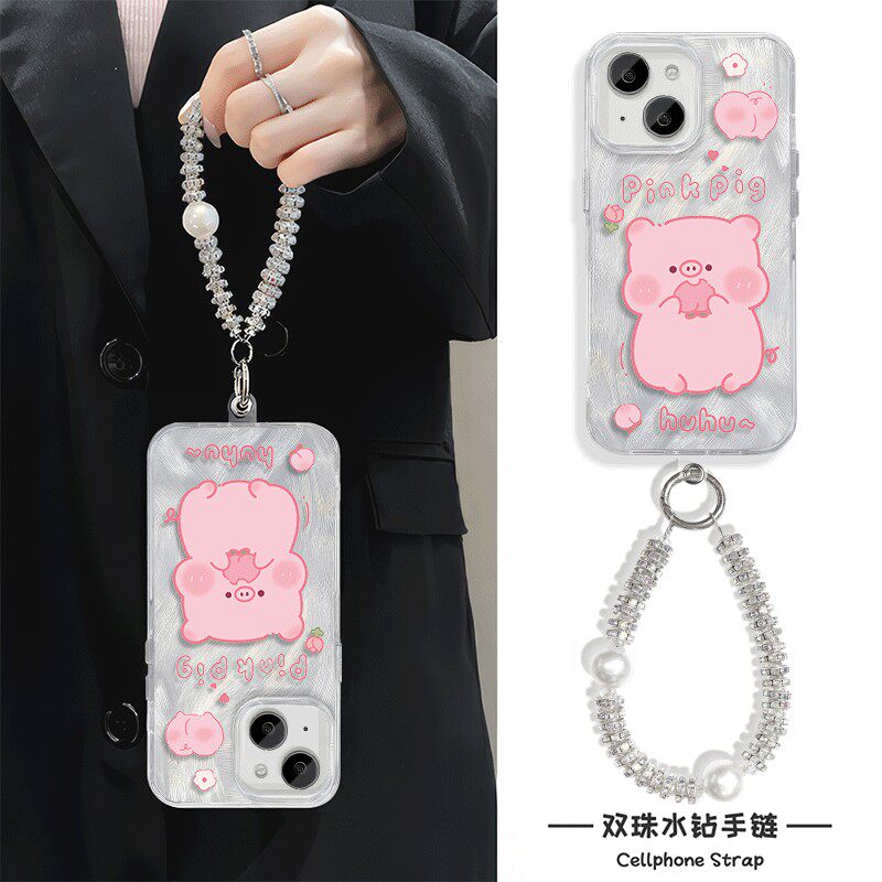 苹果12ProMax高级感p70p卡通硬iPhone13屁屁小猪可爱适用红米note14羽纱16plus小米15pro手机壳带挂绳手链s19