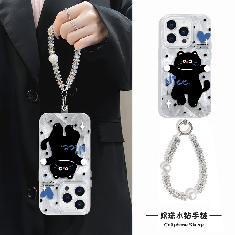 iPhone16波点爱心黑猫苹果13高级感手机壳带挂绳15plus适用红米note14羽纱12ProMax硬华为NOVA11可爱x200创意