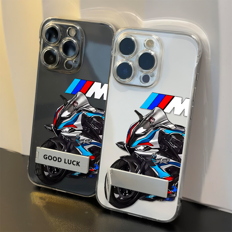 红米note14宝马摩托车无边框iPhone13适用硬12ProMax高级感苹果16plus手机壳带支架小米15Ultra超薄s17透明a5