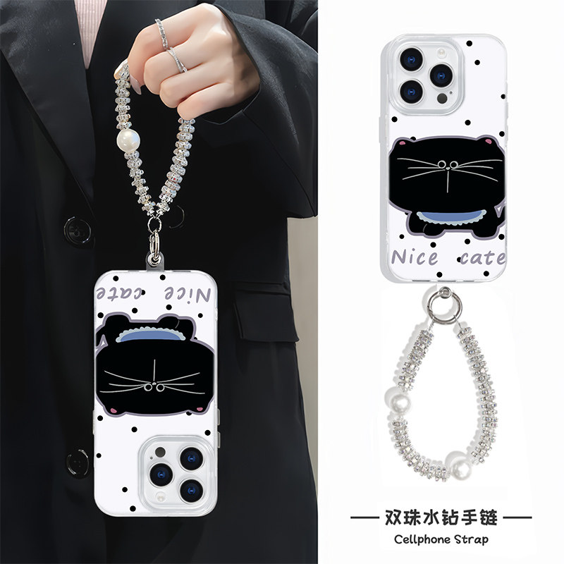 波点大脸猫iPhone15可爱苹果14适用Nova12羽纱硬16plus高级感手机壳带挂绳13ProMax卡通手腕findX8华为mate70