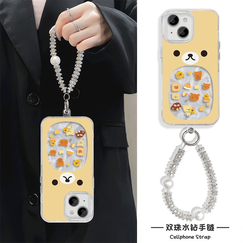 iPhone15女款12苹果16e羽纱卡通14plus创意小熊适用13ProMax荣耀300ULTRA手机壳带挂绳硬手链x200s高级感a58x