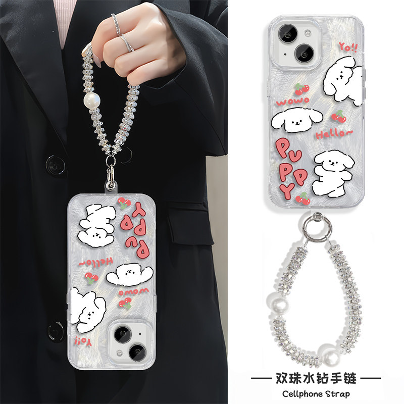 手腕RENO14高级感羽纱手链X200S卡通iPhone16英文线条小狗13ProMax适用手机壳带挂绳12可爱硬链条neo10苹果15