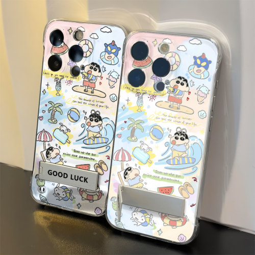 华为PURA90卡通iPhone14可爱透明带支架苹果13无边框硬适用15PLUS创意OPPORENO16超薄17ProMax手机壳椰树小新