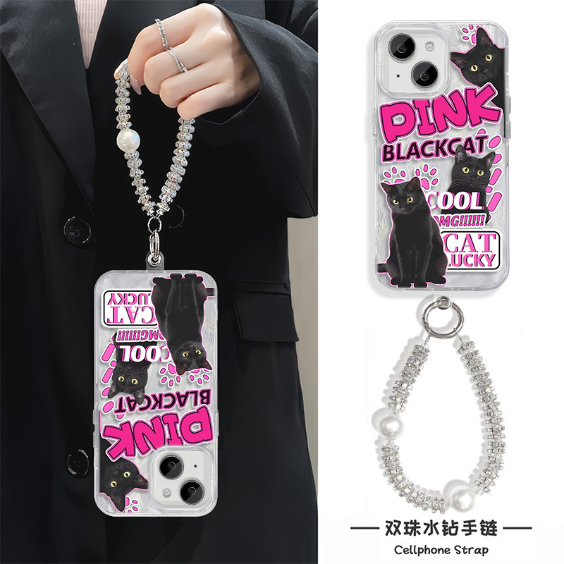 苹果14适用iPhone16plus英文黑猫小米15Ultra羽纱手腕Reno13手机壳带挂绳12promax硬手链x200s卡通y300高级感