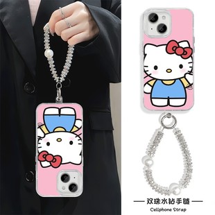 iPhone16卡通适用14plus小米15ultra羽纱12ProMax打招呼KT猫手腕reno10手机壳带挂绳硬11苹果13高级感链条Z9X