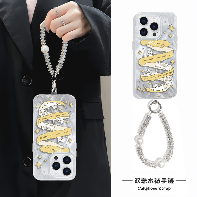 创意15plus手机壳带挂绳iPhone12硬红米note14青苹果猫咪k80高级感适用羽纱13苹果16ProMax小众华为mate70pro