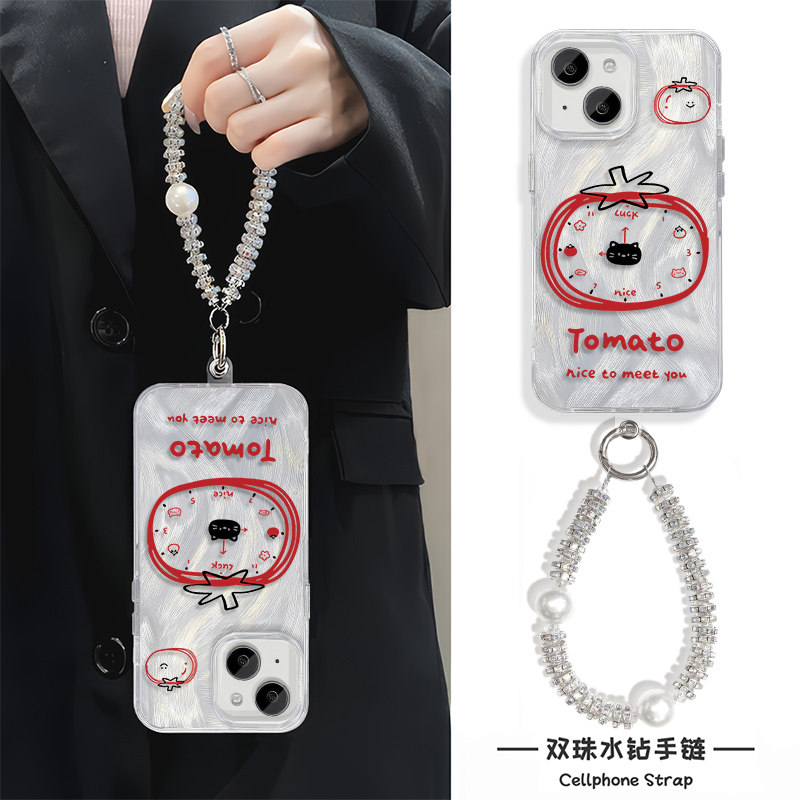 15ProMax创意闹钟番茄iPhone16plus羽纱适用硬手腕Reno14高级感ins风苹果13手机壳带挂绳一加12超仙手链x100s